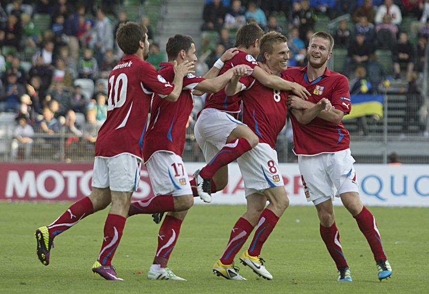 Players from Czech Republic national under-21 football team after Bořek Dočkal's (no. 8) 2-0 goal against Ukraine at Viborg Stadion in 2011 UEFA European Under-21 Football Championship .