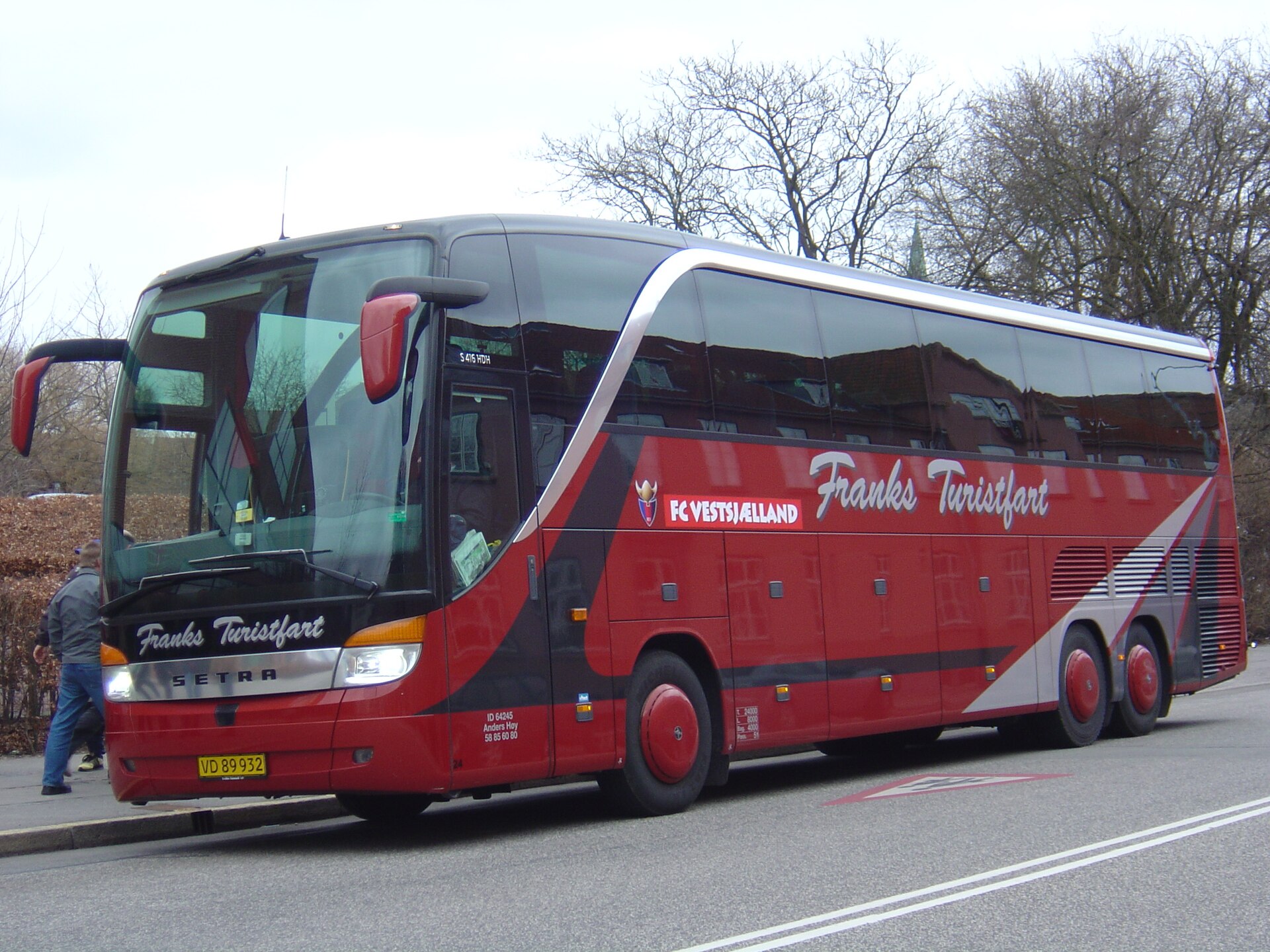 The player bus of FC Vestsjælland - the bus used by the organisation behind the Danish association football club to transport the team to the Danish 2nd Division (east) away match at Frederiksberg Idrætspark against the reserve team of F.C. Copenhagen on 5 April 2009. Seen from the southwestern side