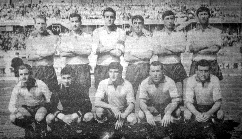 Catania (Italy), "Cibali" Stadium, May 21, 1966. The line-up of AC Massiminiana took to the pitch prior the home victory versus AS Enna (4-0), Matchday 34 of the Italian League 1965–66 Serie D, group F. From left to right, standing: Sframeli, Manasseri, P. Anastasi, Prenna, Polizzo, Turus; crouched: