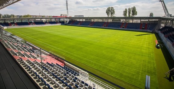 The photo shows the newly-built stadium of the Hungarian association football club Vasas SC.