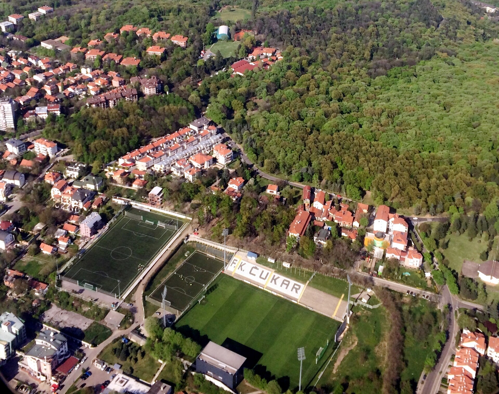 Aerial view over the football stadium of F K Čukaricki, a team in Banovo Brdo (Čukarica municipality) in southern Beograd, Serbia.