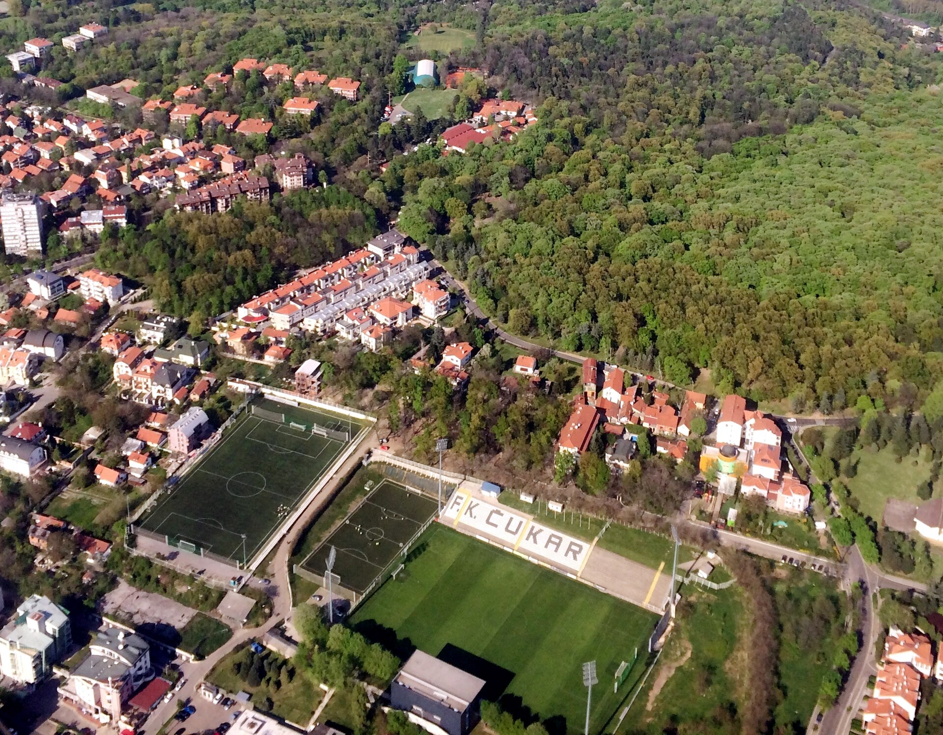 Aerial view over the football stadium of F K Čukaricki, a team in Banovo Brdo (Čukarica municipality) in southern Beograd, Serbia.