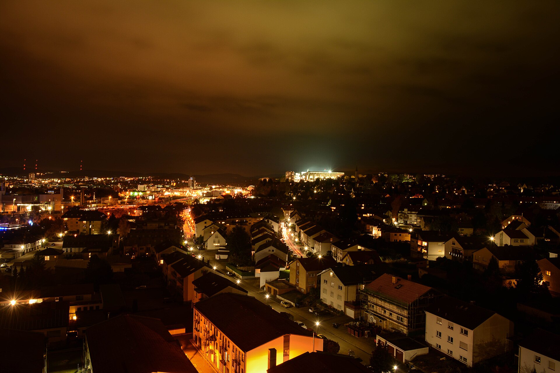 Fritz Walter Stadium lit up during a match of FC Kaiserslautern. It shines like a jewel.