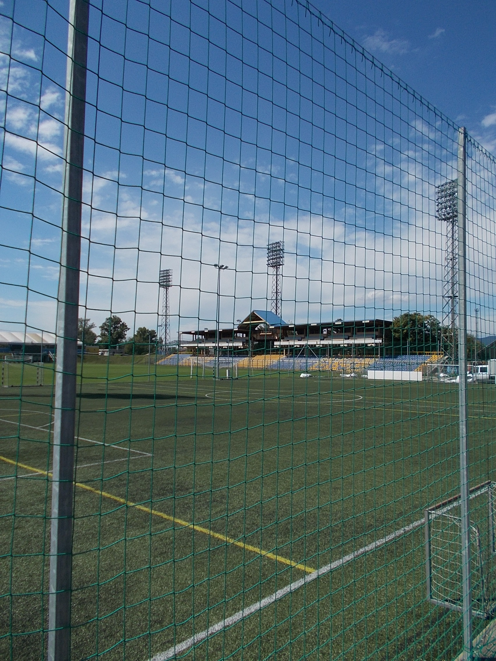 : Budapesti Vasutas ( BVSC ) SC sports complex, football field looking toward grandstand from Teleki Blanka Street. - Herminamező neighborhood, Zugló district, Budapest .
