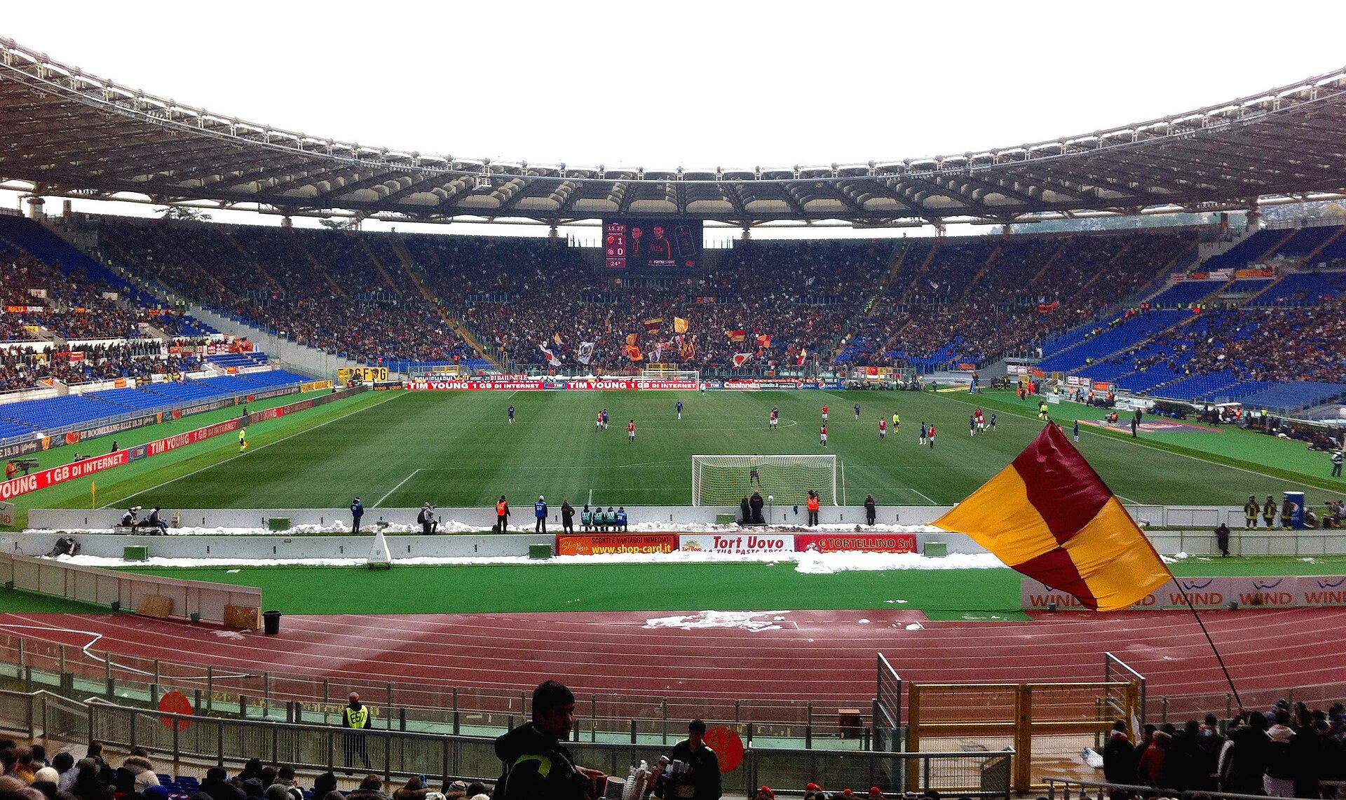 Fans at the Olympic Stadium in Rome during the football match between AS Roma - FC Internazionale Milano, Serie A 2011-12.