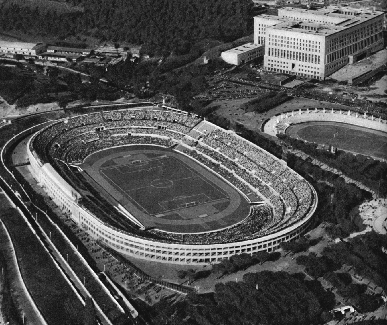 Aerial view of the Olympic Stadium in Rome in 1960 during an association football match