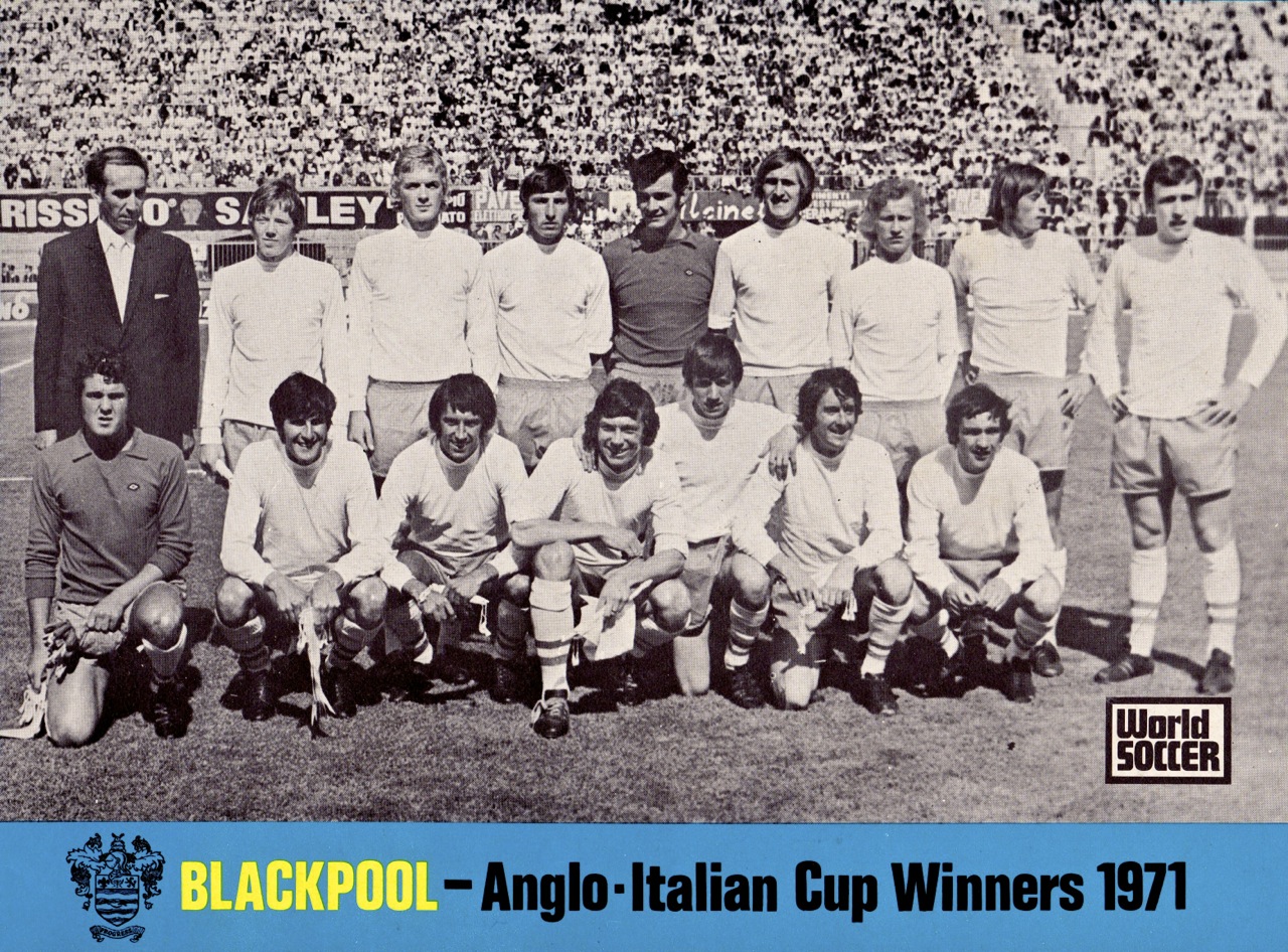Bologne (Italy), Communal Stadium, June 12, 1971. The first-team squad of Blackpool FC winners of 1971 Anglo-Italian Cup Final versus Bologna FC (2-1).