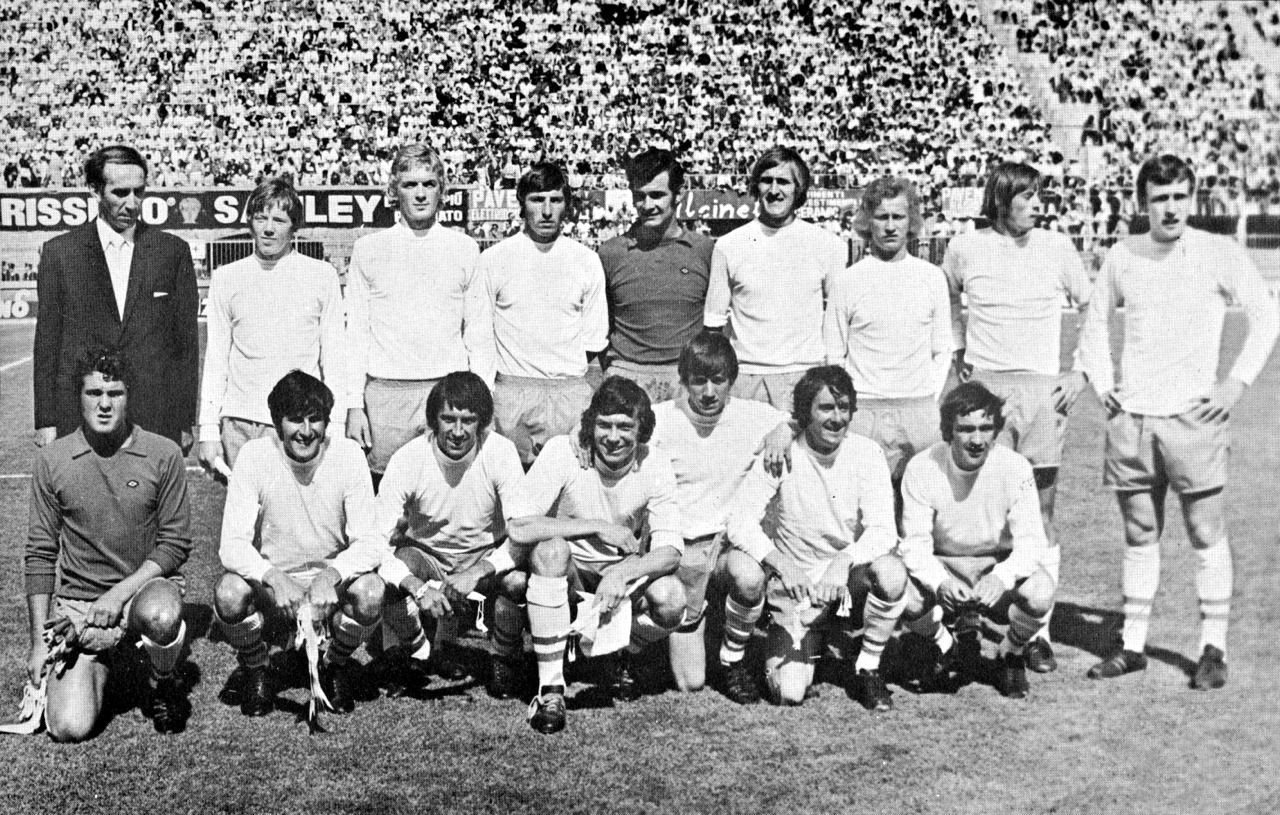 Bologne (Italy), Communal Stadium, June 12, 1971. The first-team squad of Blackpool FC winners of 1971 Anglo-Italian Cup Final versus Bologna FC (2-1).