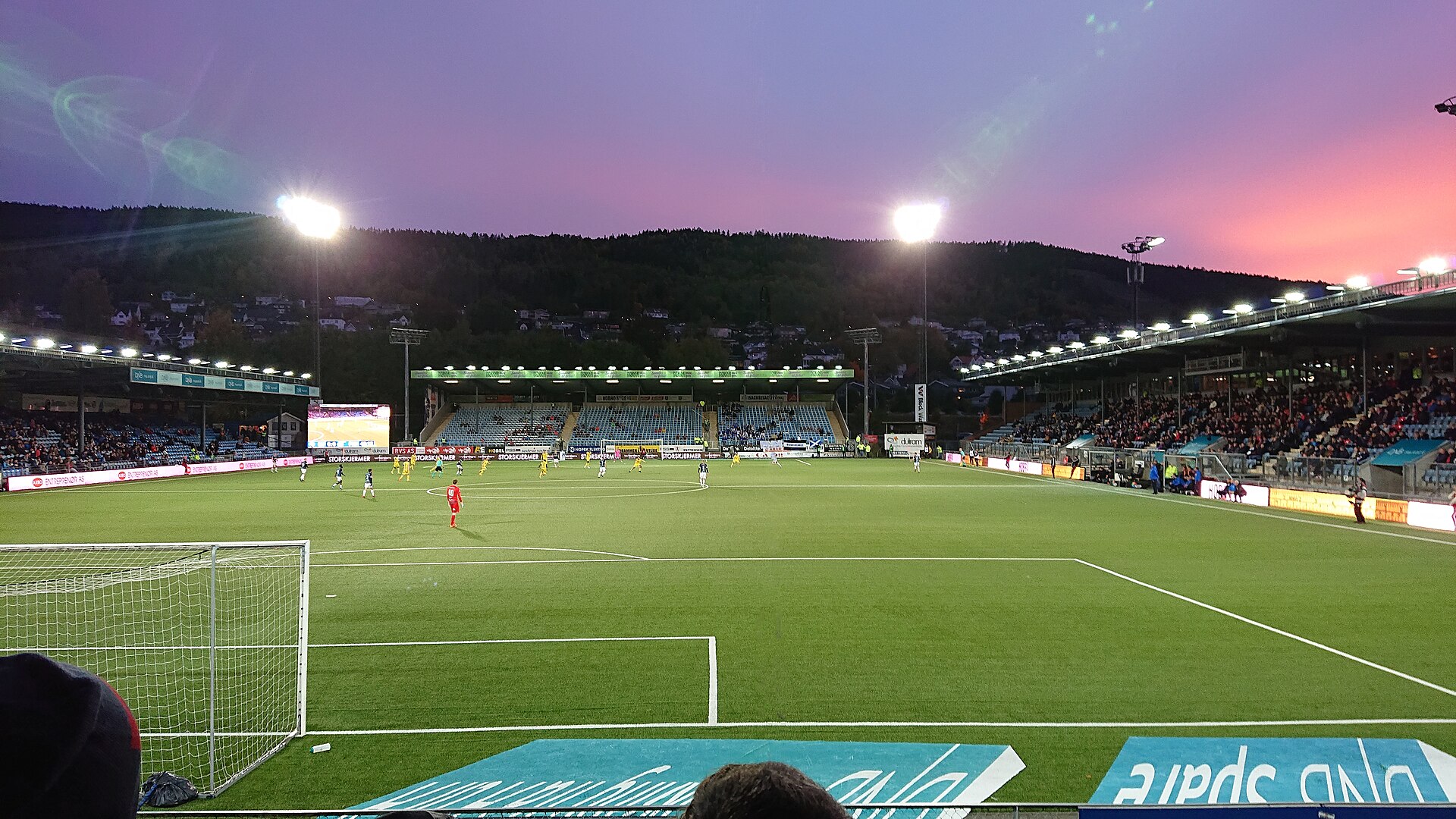 A photo from Marienlyst soccer stadium in Drammen Norway, taken from the north stand on Oct 6 2018 during the match between Strømsgodset TF and FK Haugesund. View is towards the south.