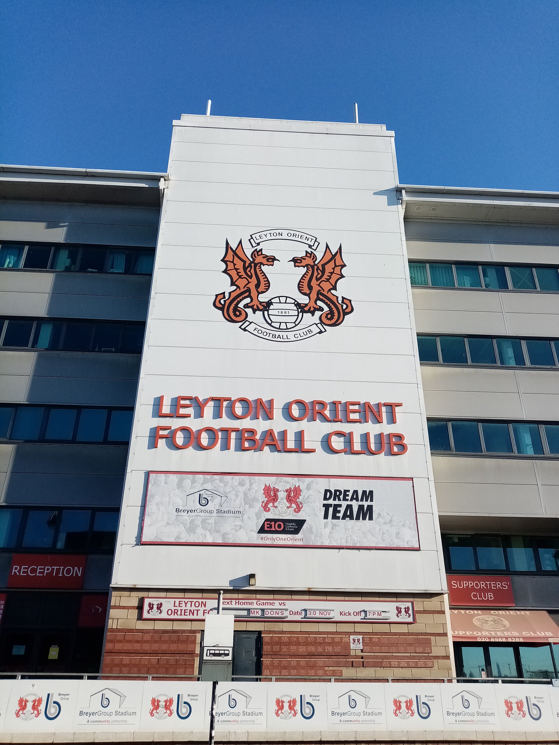 The front view of Leyton Orient's stadium, located in Leyton, East London