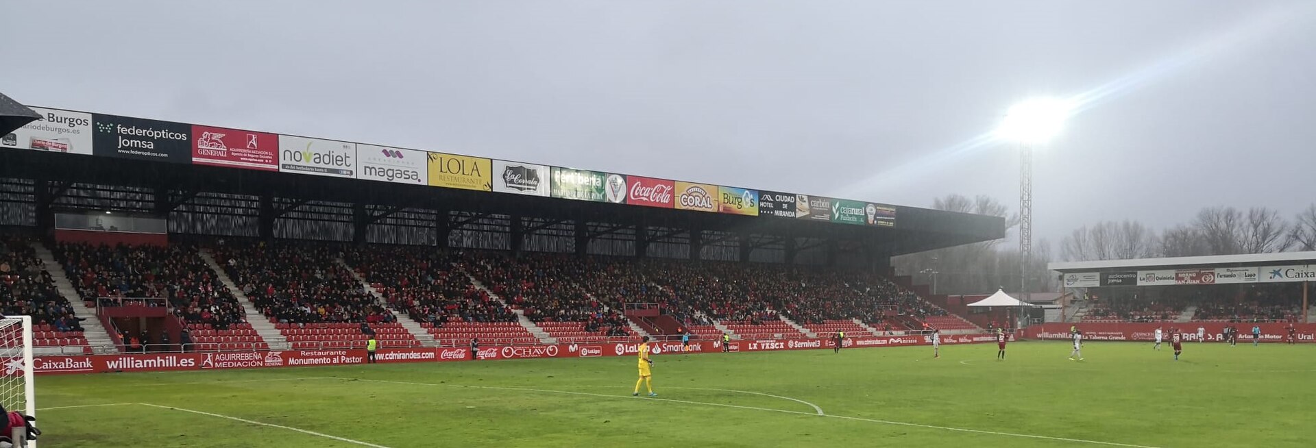 Main stand of the Estadio Municipal de Anduva, located in Miranda de Ebro, Burgos, Spain, during the Segunda División match between locals CD Mirandés and Real Sporting de Gijón.