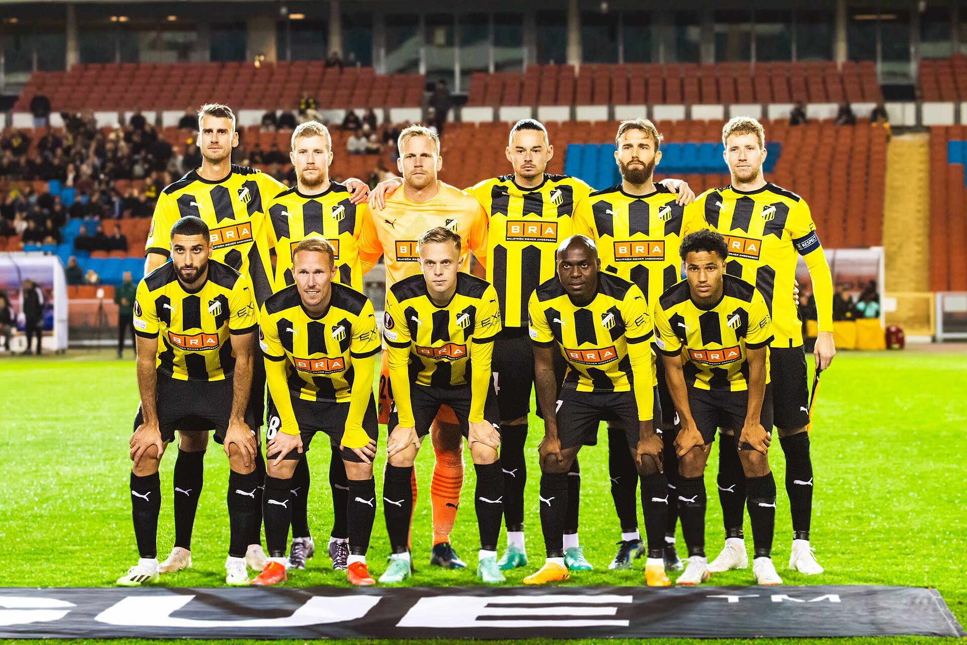 The starting 11 of BK Häcken before the UEFA Europa League home match against Qarabağ. The match was played at Nya Ullevi stadium, because Bravida Arena did not satisfy UEFA requirements for the group stage.