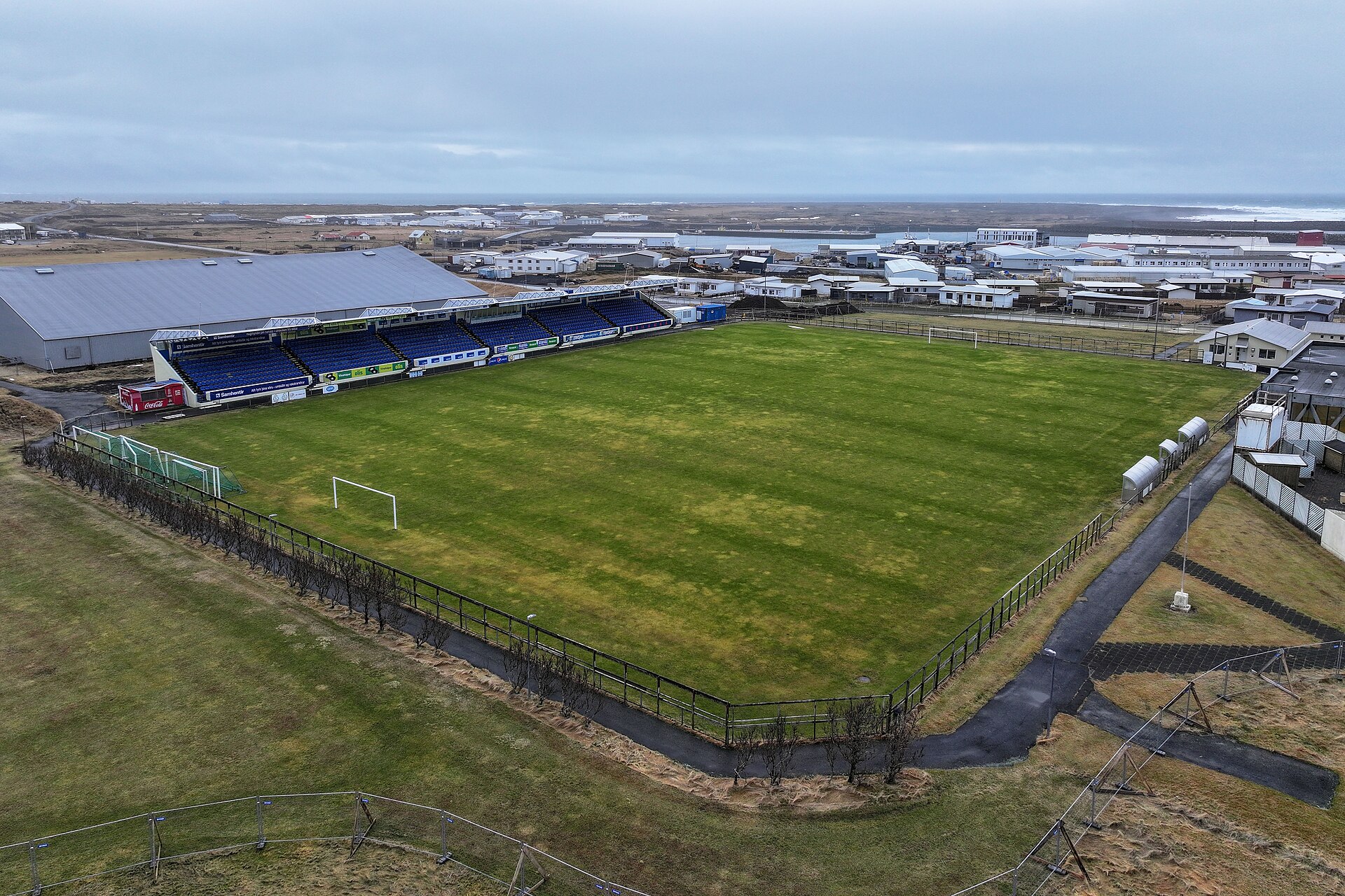 Grindavíkurvöllur, the home stadium of Knattspyrnudeild UMFG football team located in Grindavík, Iceland, with a capacity of 1,450 people.