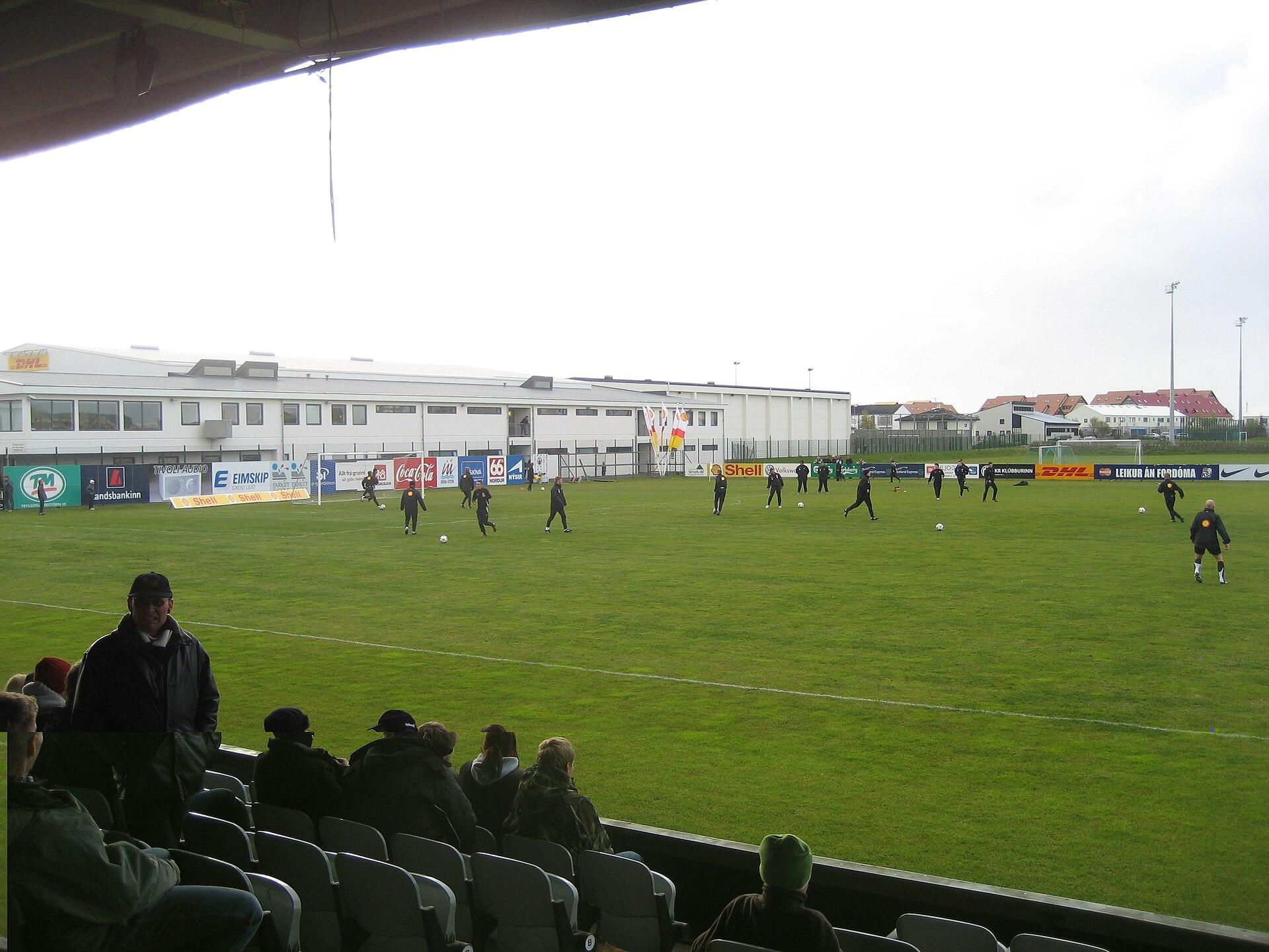 KR-Völlurinn (The KR stadium) is located in the west side of Reykjavík. On the picture KR players are preparing for a game against Breiðablik.
