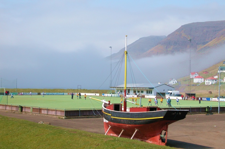 Sørvágur on the island of Vágar , Faroe Islands . Football (soccer) field of the club SÍ Sørvágur.