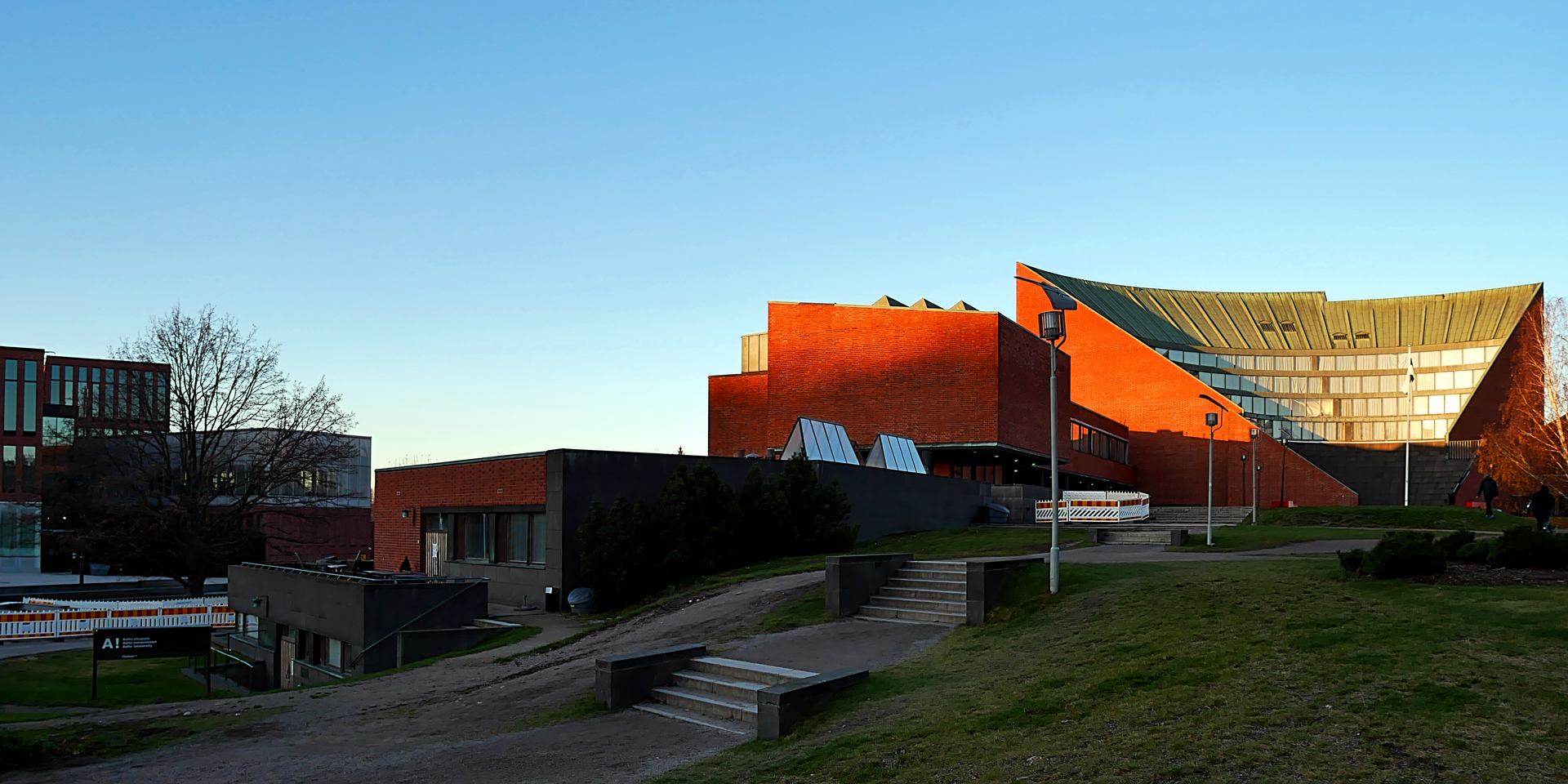 The buildings of the Aalto University in Espoo, Finland. Autumnal sunset.