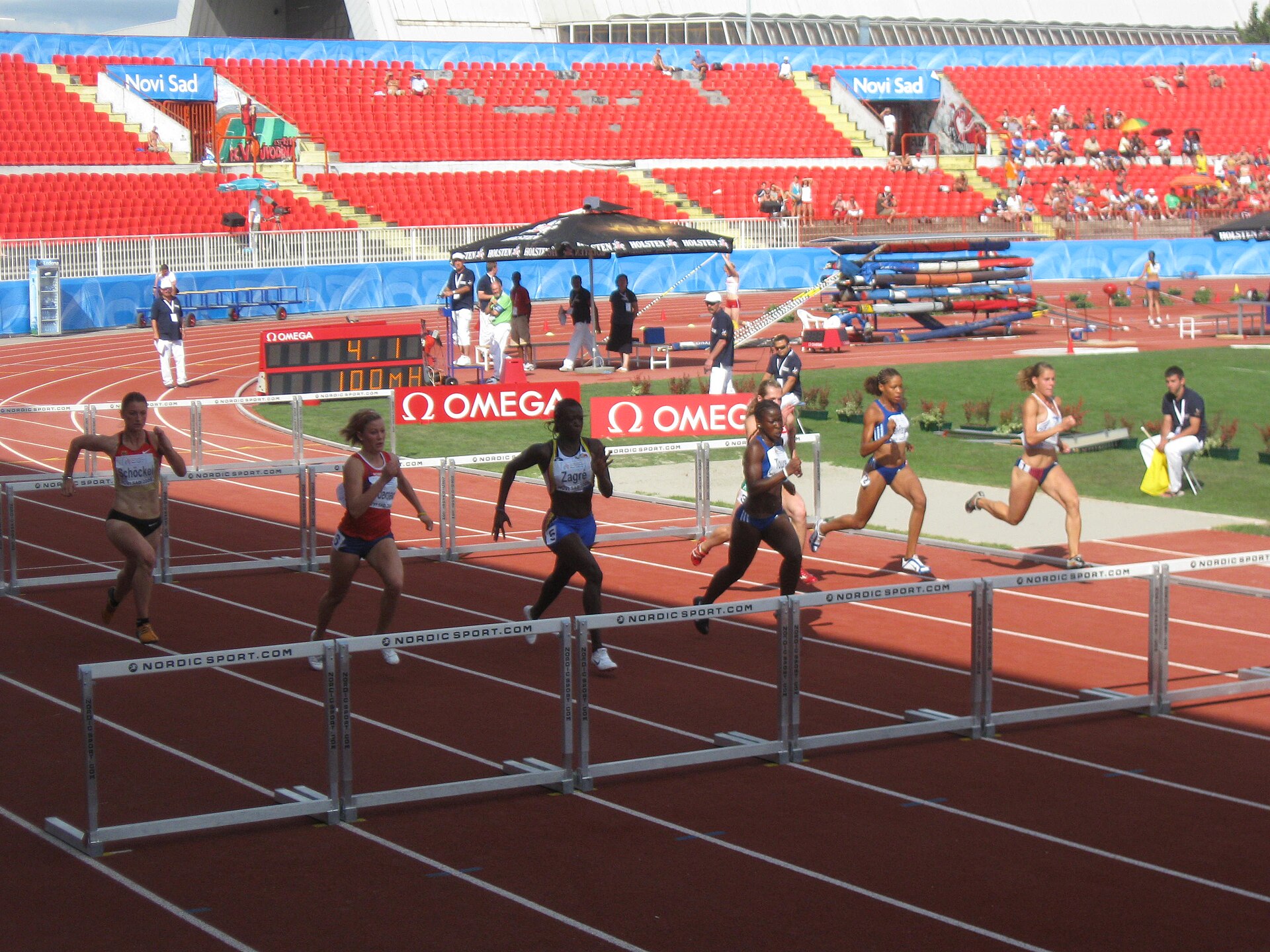 110 m hurdles (W) at the 2009 European Athletics Junior Championships in Novi Sad . Carina Schöckel (GER), Isabelle Pedersen (NOR), Anne Zagré (BEL), Yariatou Touré (FRA)