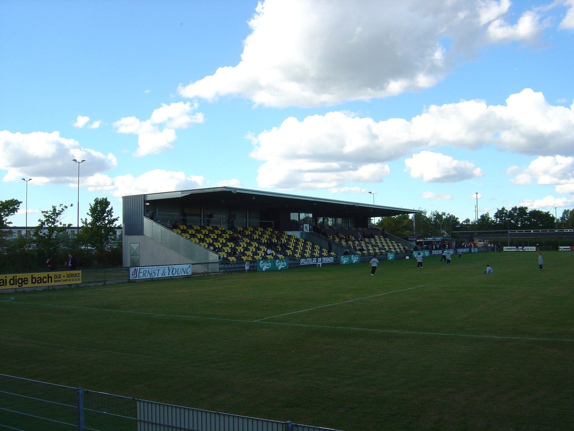 Tingbjerg Idrætspark - a Danish association football stadium is part the a sports area located in Brønshøj , showing the main stand during a Danish 1st Division (level 2) match between Brønshøj Boldklub and Boldklubben Fremad Amager on 17 September 2005.