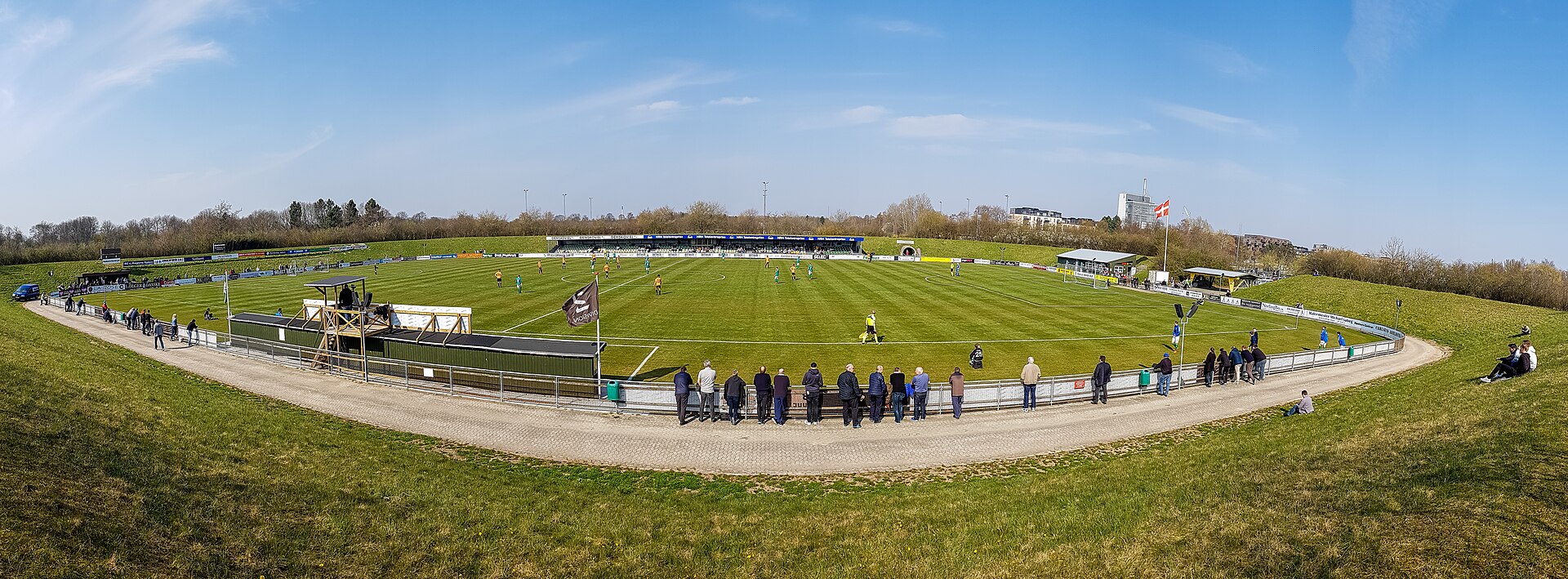 Panorama of Espelundens Idrætsanlæg during the football match between BK Avarta and Hillerød Fodbold in the Danish 2nd division (6 April 2019)