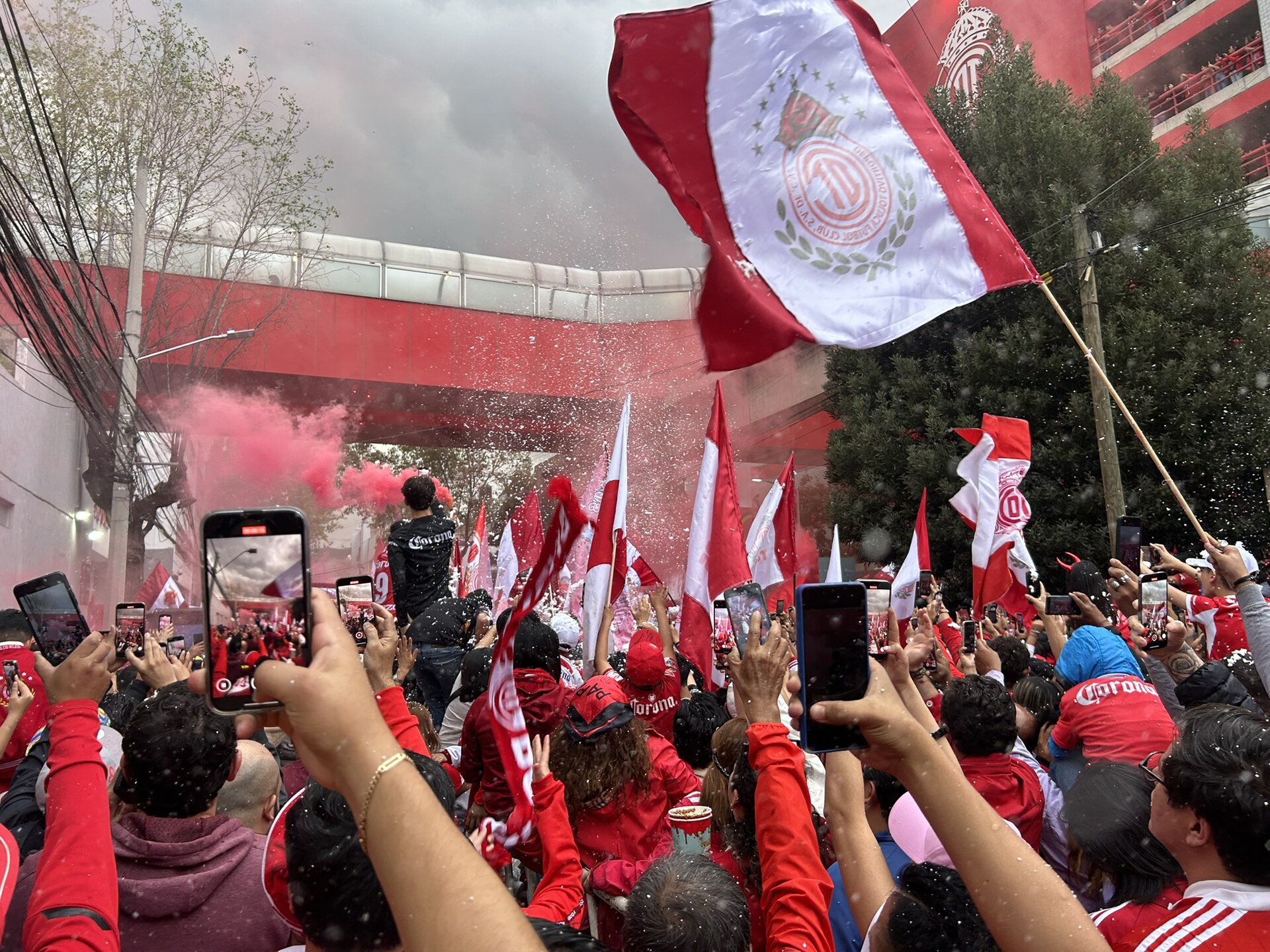 Supporters of Toluca FC chanting prior to the Clausura 2025 final against Club América outside of Nemesio Diez Stadium. Toluca won the game 2–0 and were declared the league champions.