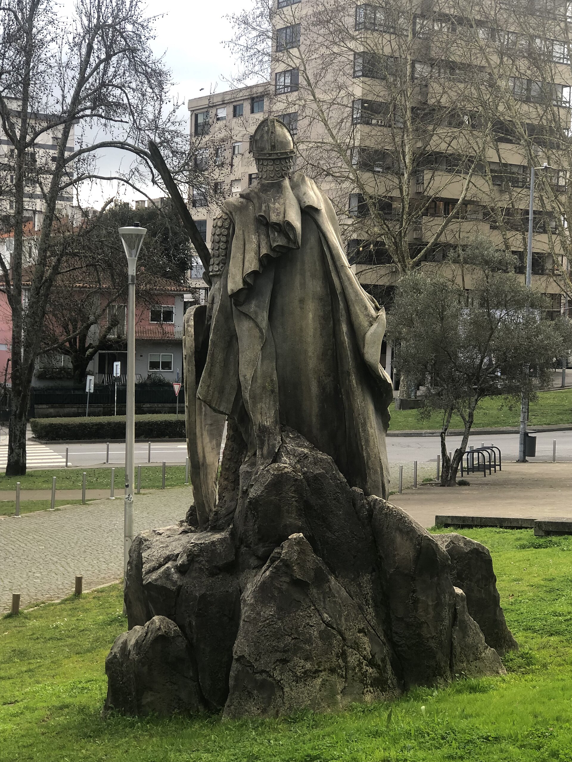 Statue of Dom Afonso Henriques next to the Afonso Henriques Stadium, in Guimarães, Portugal