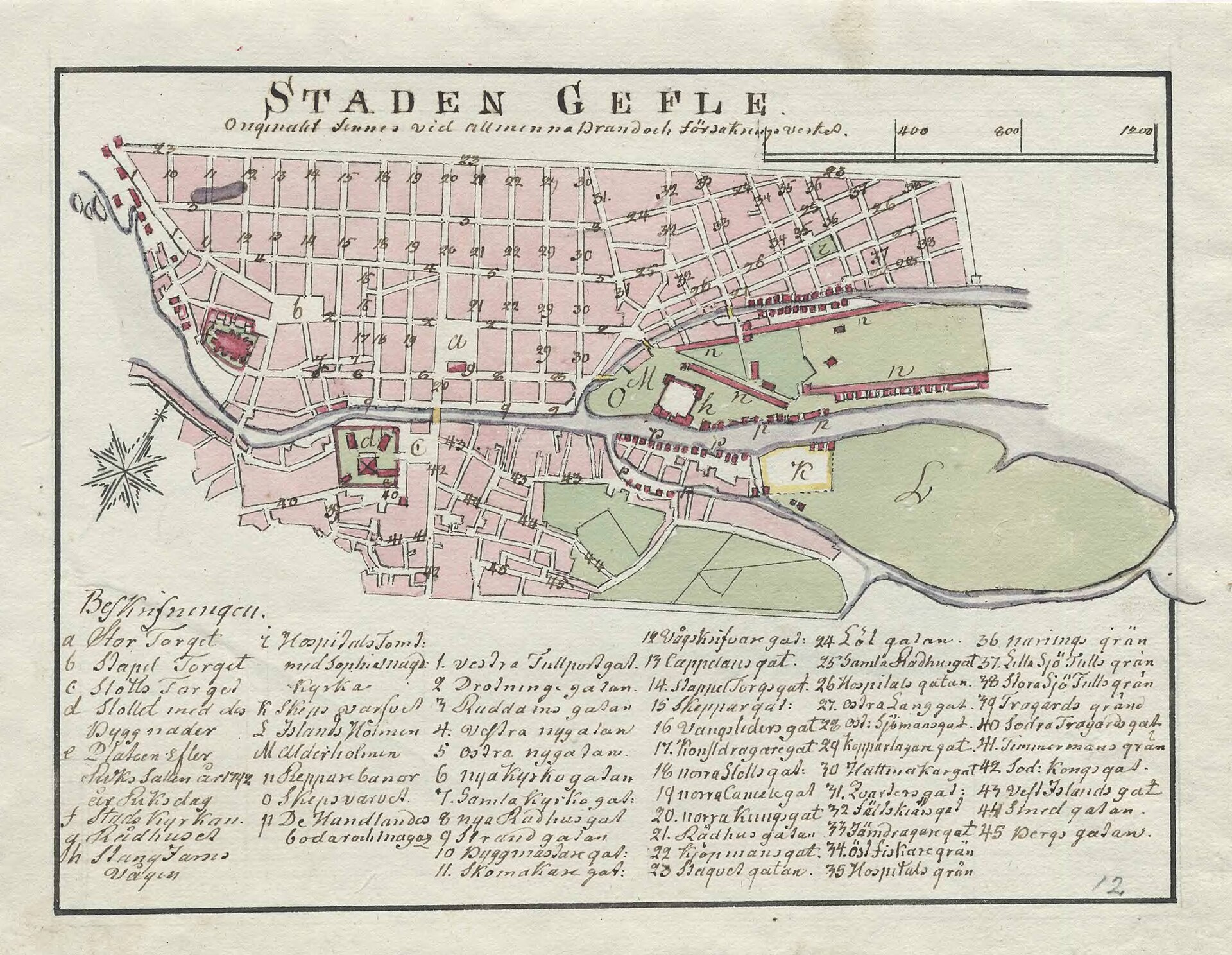 Hand drawn 18th century map of Gävle, Sweden