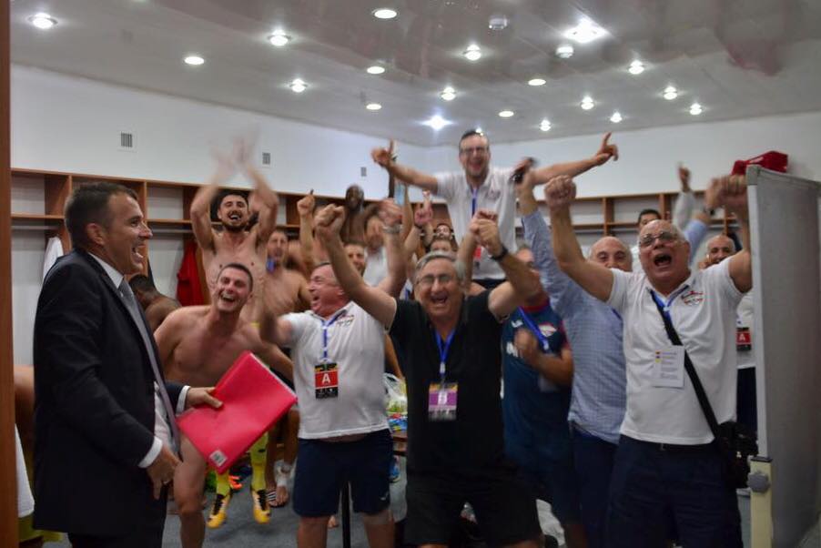 Balzan FC players and officials celebrate their Club's historic qualification to the second round of the UEFA Europa League, after beating Keşla FK 5-3 on aggregate at Dalga Arena, Baku Azerbaijan on 19 July 2018.