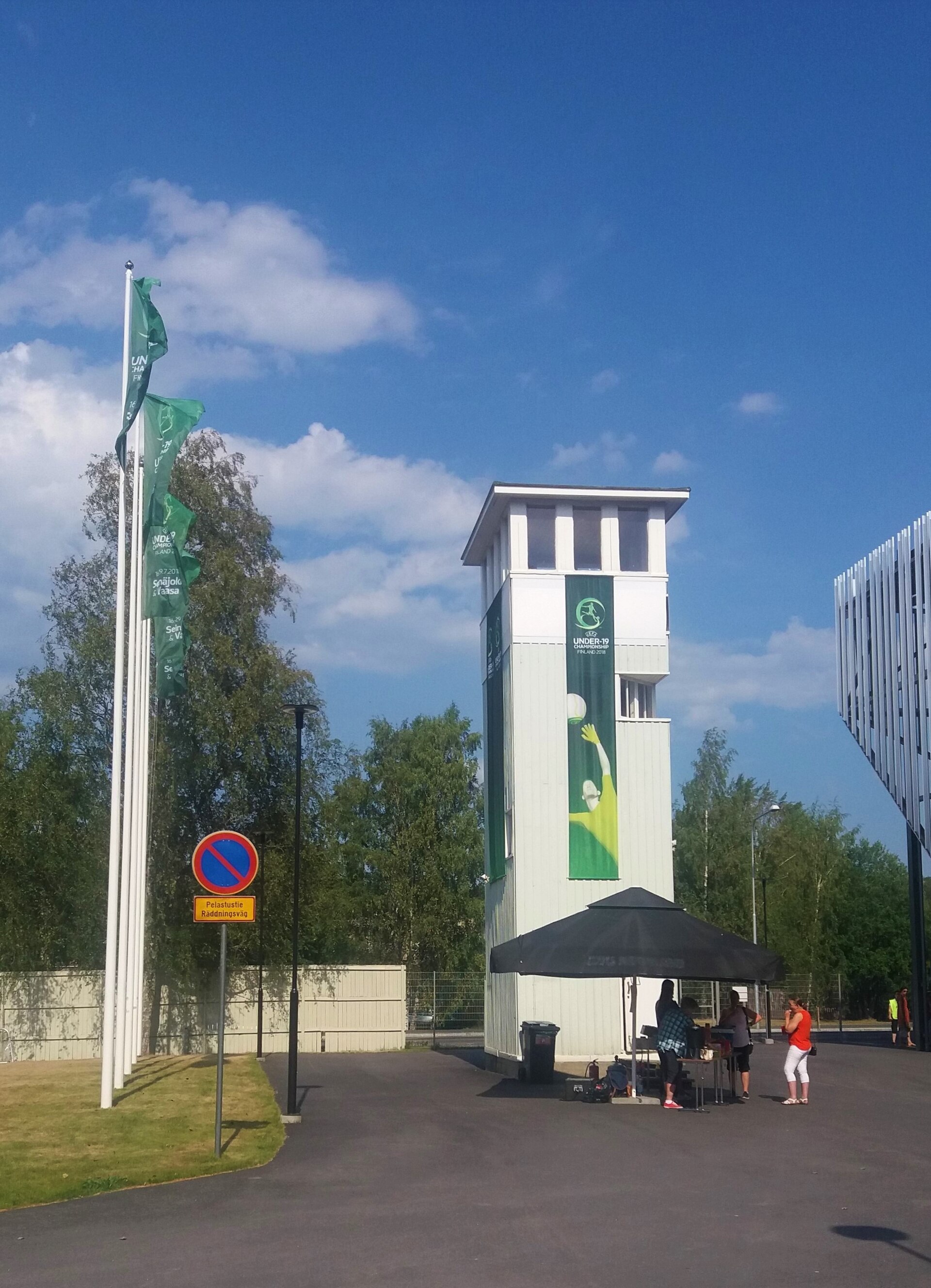 Former announcers' tower at the Hietalahti Stadium in Vaasa, Finland, during the 2018 UEFA European Under-19 Championship.
