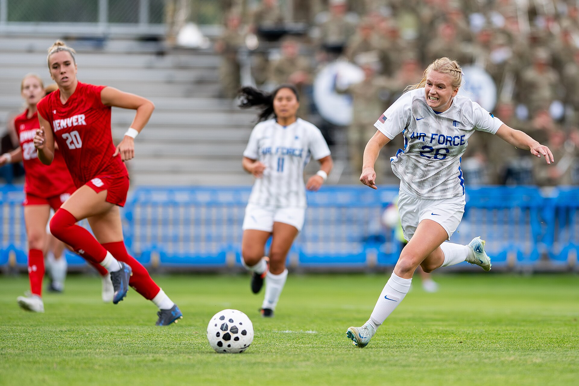 U.S. AIR FORCE ACADEMY, Colo. -- Air Force’s Caeli Sherman sprints for the ball during a home game against University of Denver at the Academy’s Cadet Soccer Stadium in Colorado Springs, Colo., August 14, 2025. Air Force eventually lost to Denver 1-2. (U.S. Air Force photo by Dylan Smith)