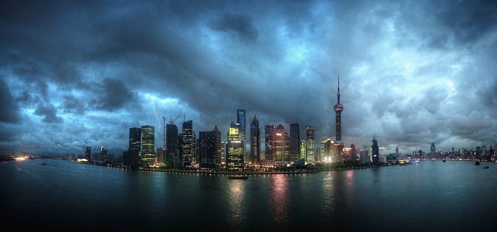 Panoramic skyline at night, Shanghai, China, East Asia.