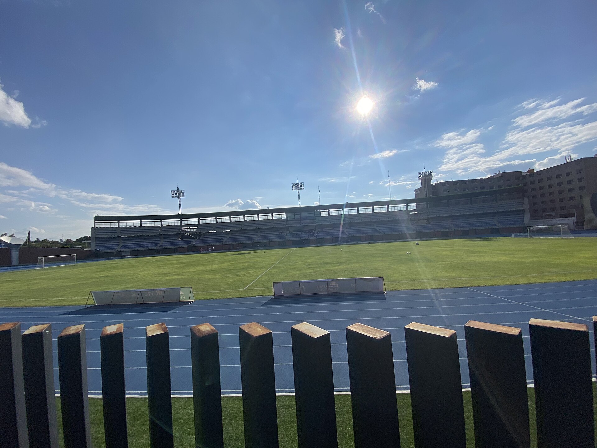 A photo taken facing west, from the walkway between the Olympic Stadium and the Gomez Morin Cultural Center, of the field and stands, where among others the Queretaro Gallos Blancos women's professional team of Liga MX plays.
