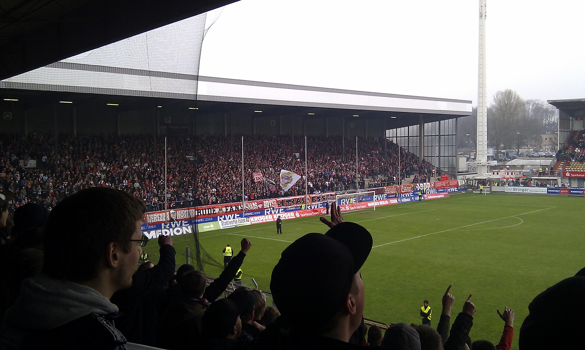The eastern tribune of Georg-Melches-Stadium in Essen, GER, seen from northern tribune.