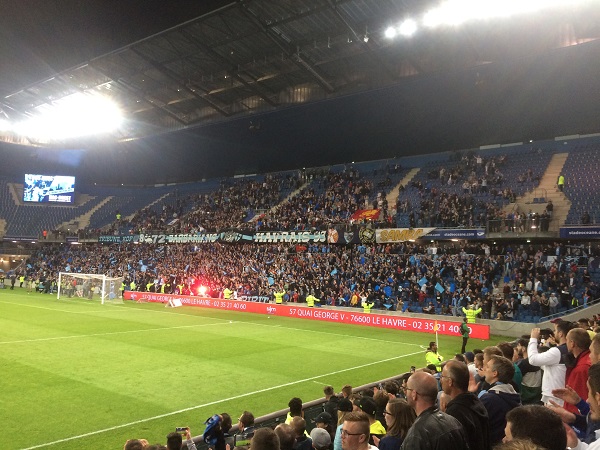 Supporter from Le Havre to Stade Océane after the playoff match against Stade Brestois 29.