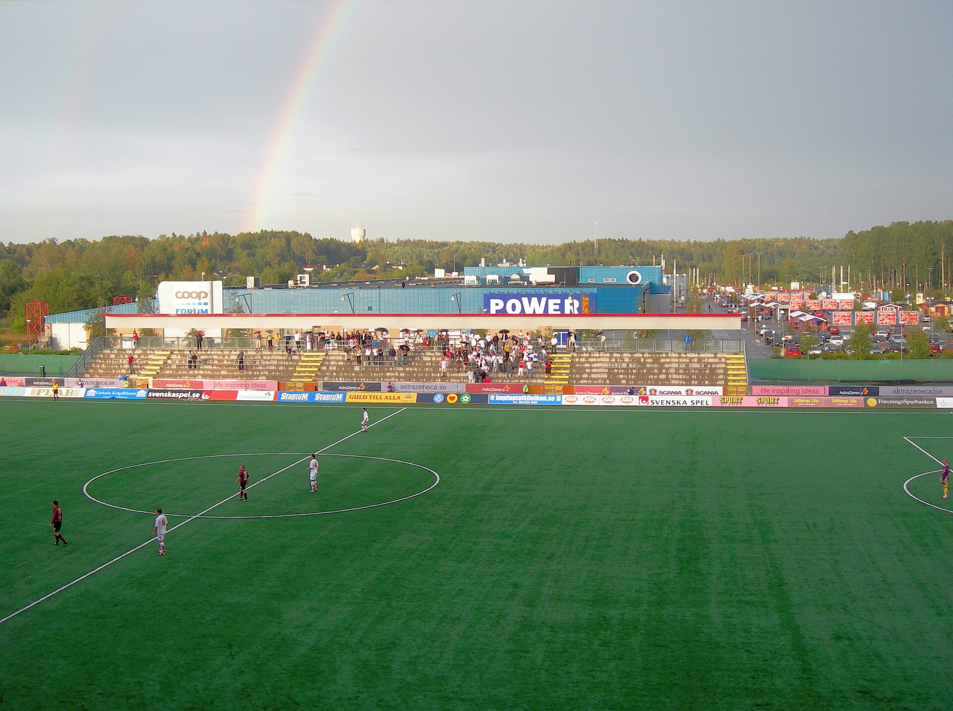back straight with rainbow in the Södertälje Fotbollsarena at the Superettan (second highest Swedish league) game between IF Brommapojkarna and Assyriska FF Södertälje on July 24, 2006 in front of 1449 spectators (0:1 thanks to a goal by Joakim Hagernäs in the 60th minute)