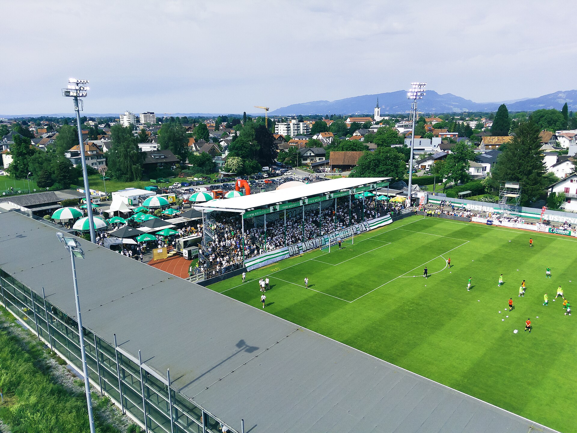 An image captured with a drone of a football stadium in the Austrian town of Lustenau.