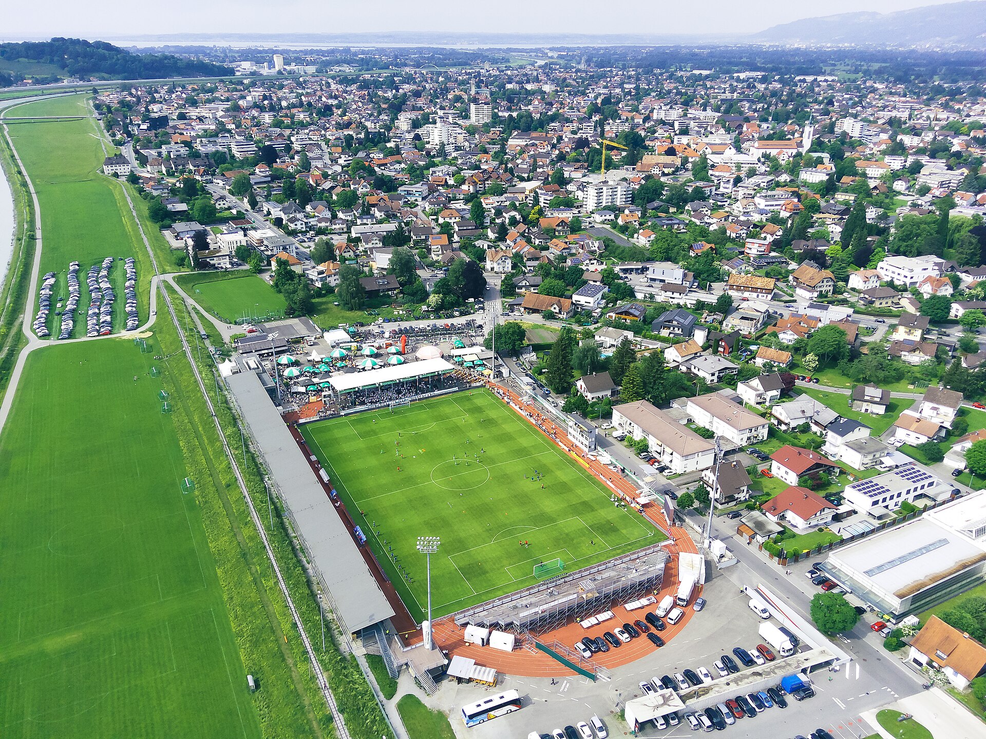 An image captured with a drone of a football stadium in the Austrian town of Lustenau.