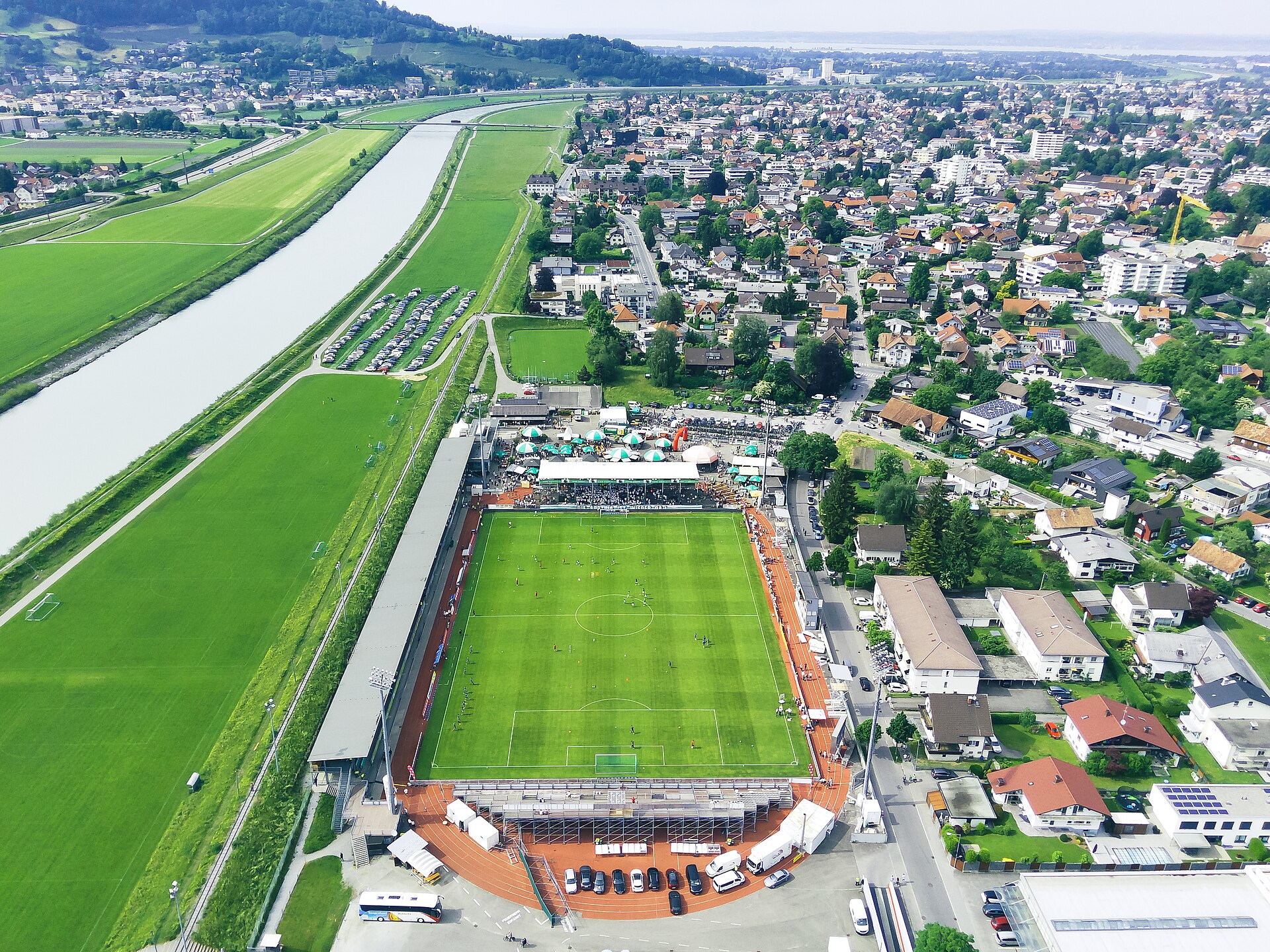 An image captured with a drone of a football stadium in the Austrian town of Lustenau.
