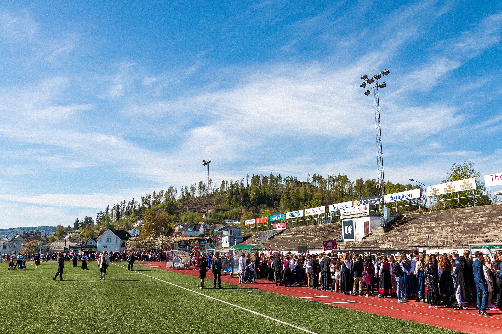 May 17 at Gjøvik stadion with Hovdetoppen Hill in background clearcutted.