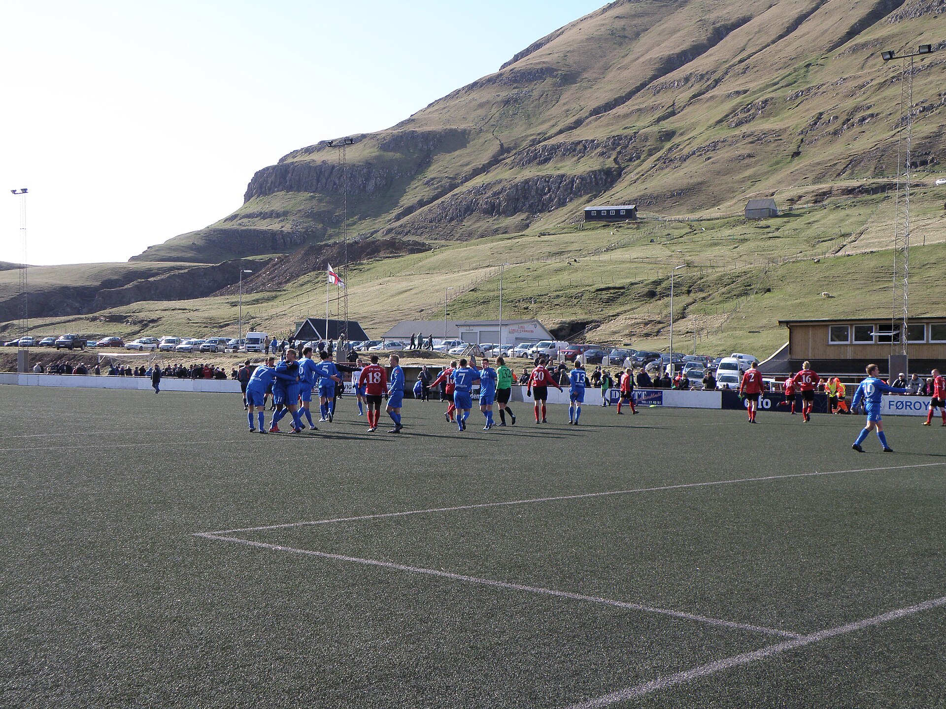 Fotball match in Vodafonedeildin (Faroese Premier League) between FC Suðuroy and B68 Toftir on Vesturi á Eiðinum Stadium in Vágur. This photo was taken just after the match, which was the FC Suðuroy's first winning match. FC Suðuroy won 3-1.
