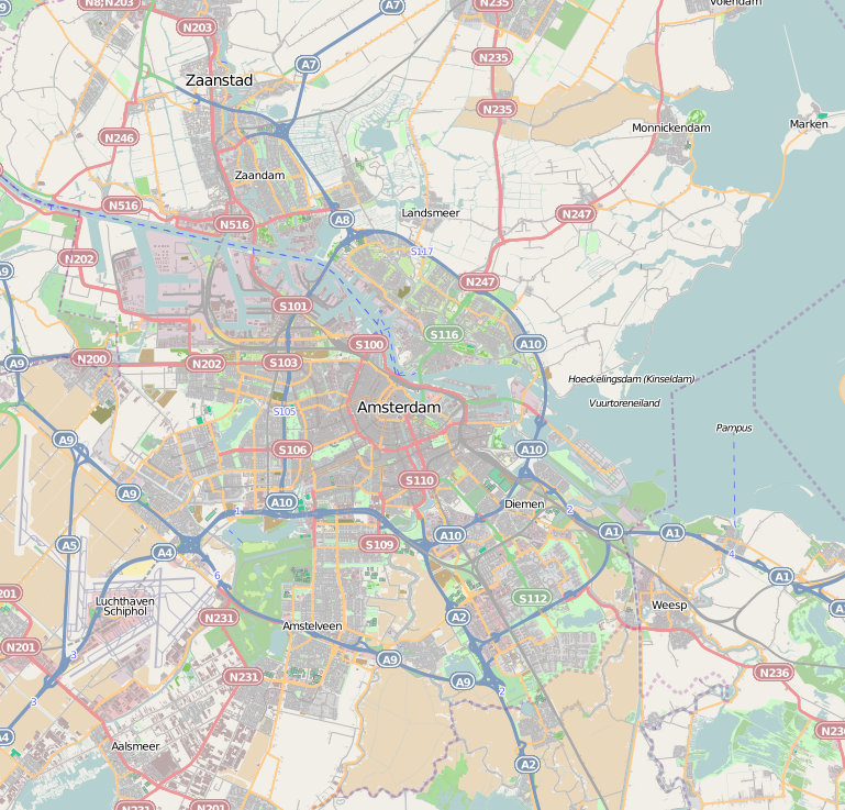 Map of Amsterdam Geographic limits of the map: N: 52.496° S:52.247° W: 4.699° E: 5.125° This file is licensed under the Creative Commons Attribution-Share Alike 2.0 Generic license. You are free: to share – to copy, distribute and transmit the work to remix – to adapt the work Under the following co