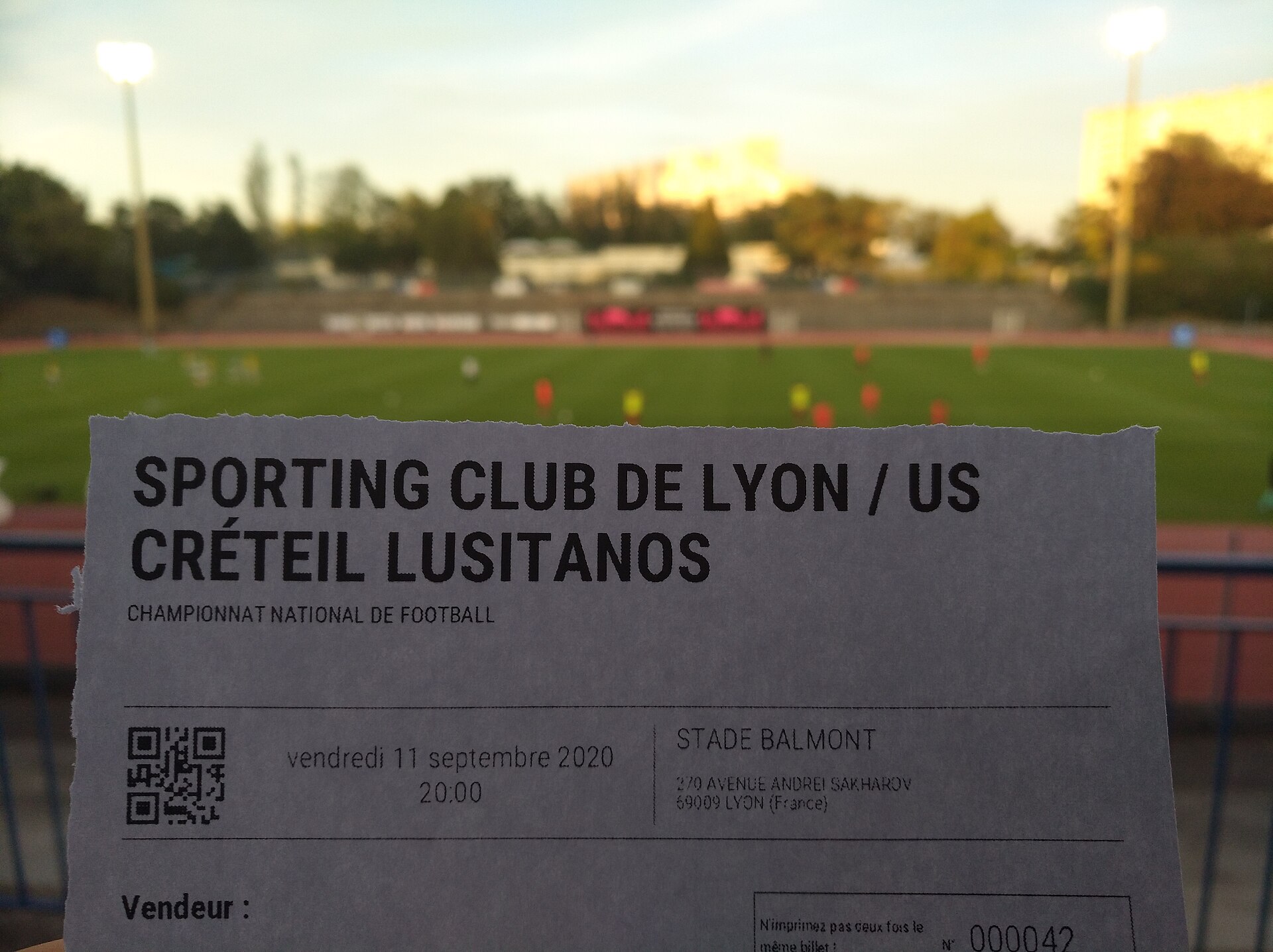 Billet d'un match opposant le Sporting Club de Lyon à l'US Créteil Lusitanos, comptant pour la 5e journée du Championnat National de football 2020-2021, au stade de la Duchère, à Lyon (France).