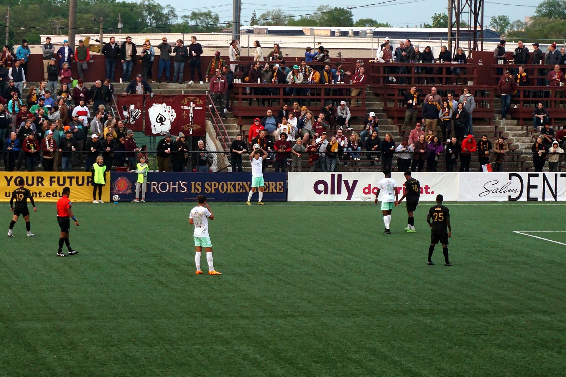 A throw-in during the Detroit City FC v. San Antonio FC soccer match at Keyworth Stadium in Hamtramck , Michigan ( United States ). Detroit City won 1–0.