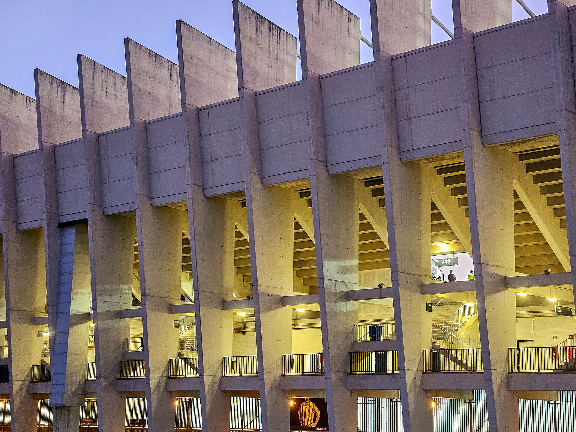 The east stand of Estadio La Rosaleda, Málaga, lit up for an evening game