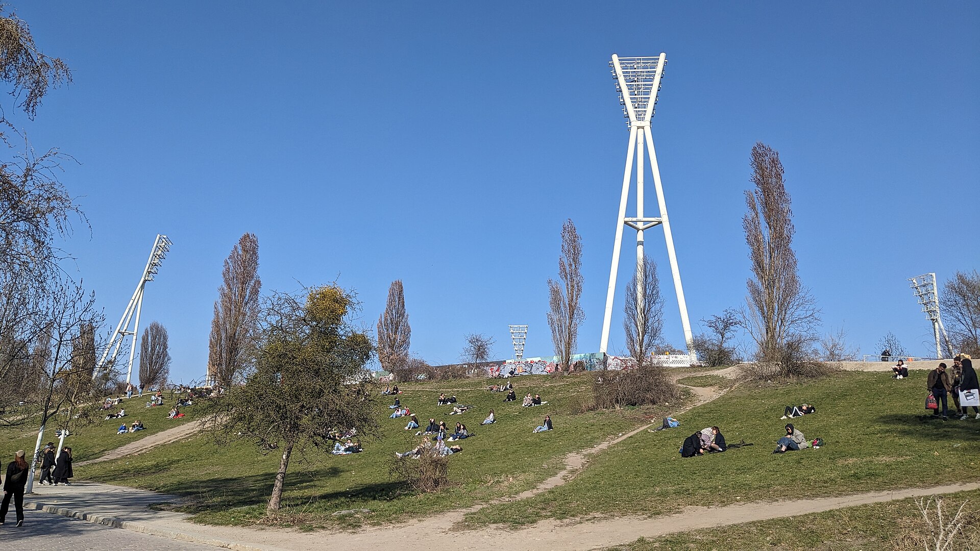 View to the east across Mauerpark to the Friedrich Ludwig Jahn Stadium in Berlin-Prenzlauer Berg in March 2025