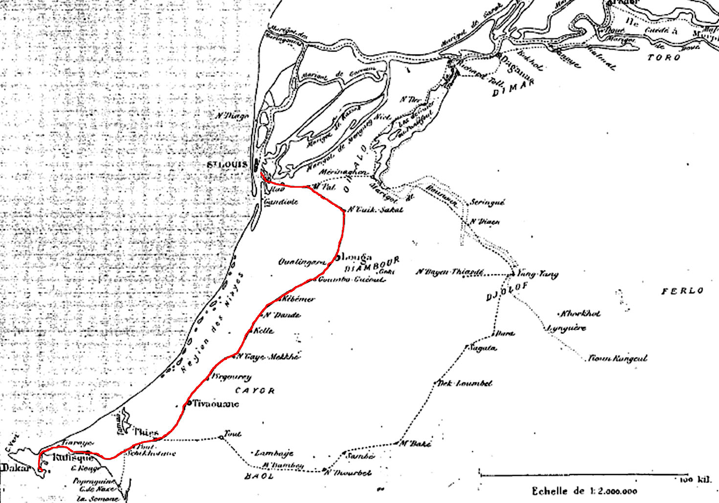 The Dakar-Saint-Louis line in Senegal published in La Géographie cited below.