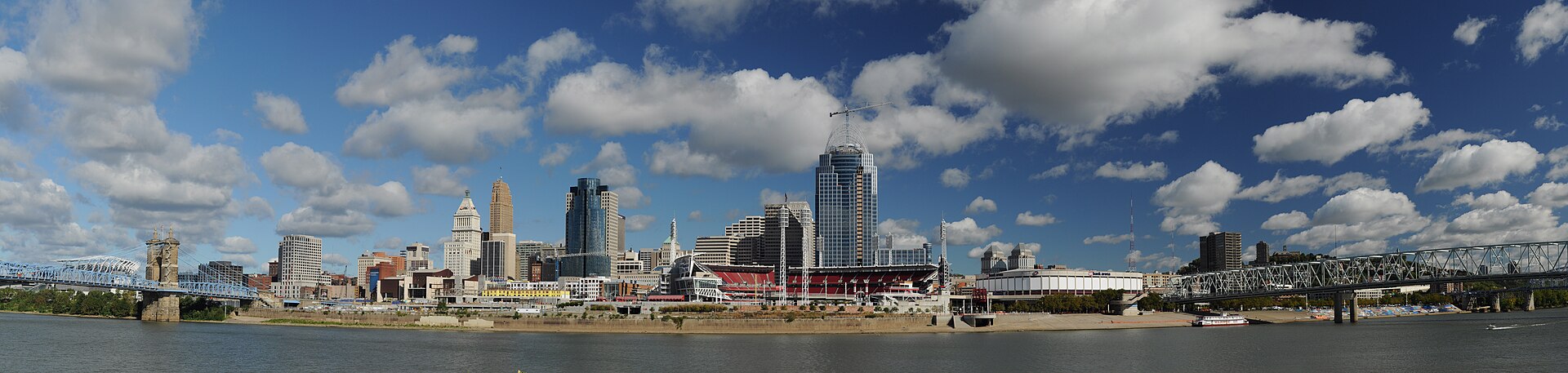 This is a panorama of downtown Cincinnati, Ohio, USA taken with 7 photos and then stitched together using Photoshop Elements 8. Photo was taken from Covington, Kentucky, USA shoreline facing north.
