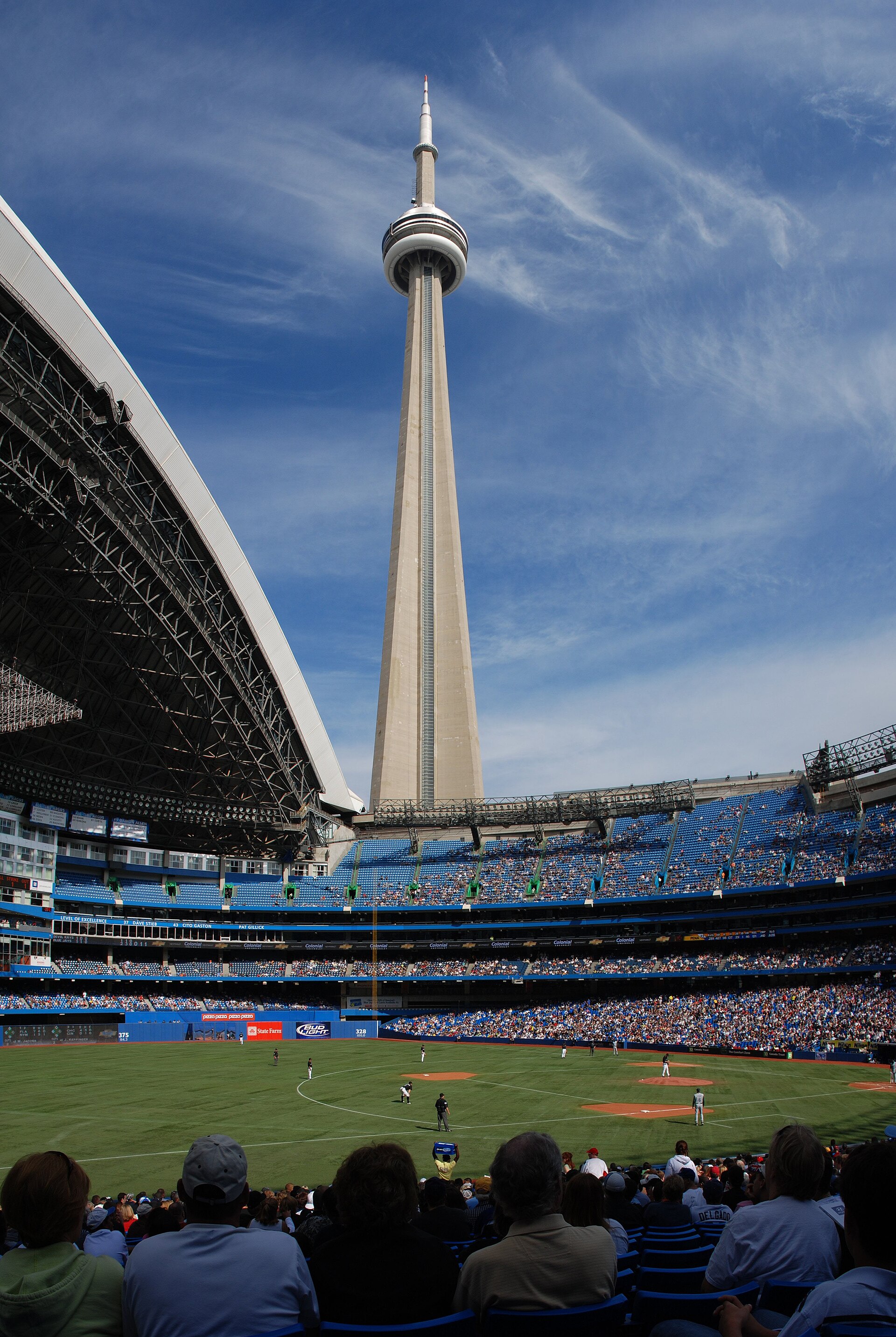 This is a stitch made from three photos. Taken at the last Jays game of the year vs. Tampa Bay. Re-stitched using Hugin by Nicolas Sanchez