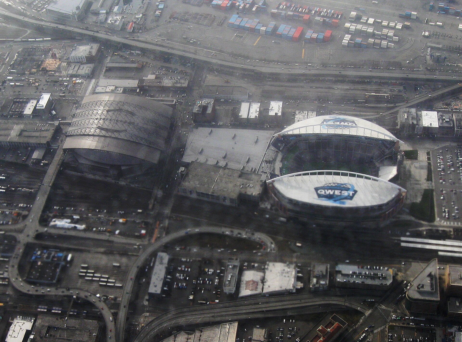 Aerial view of Qwest Stadium (right) and Safeco Field (left), stadiums in Seattle.