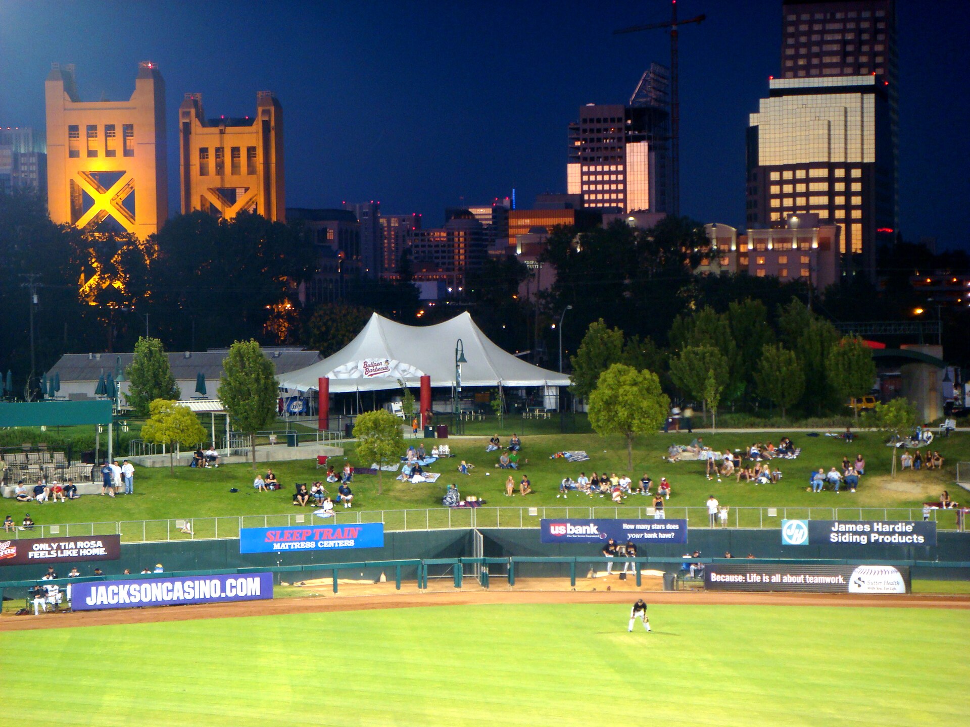 The skyline of Sacramento from the bleachers of Raley Field