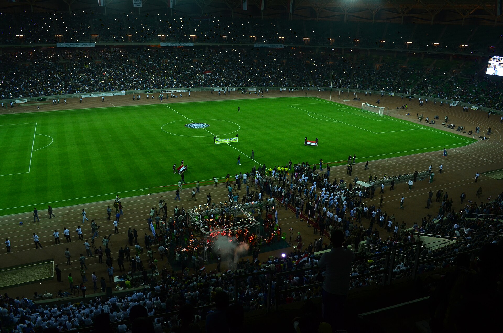 During the soft opening ceremony, flag barriers entering the pitch followed by both teams, Zamalek SC (Egypt) and Al-Zawra'a SC (Iraq) as well as a crowd of journalists and photographers.
